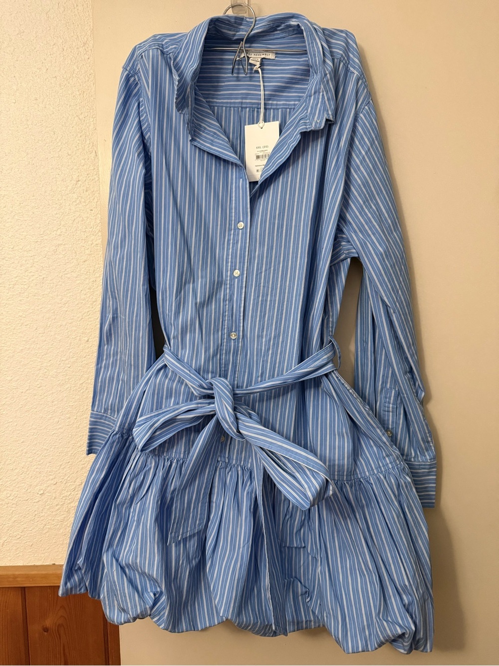 Blue Striped Button-Up Shirt Dress with Waist Tie